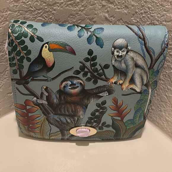 Anuschka Painted Sloth Jungle Print Front Flap Messenger Bag Blue Leather NWT - Picture 1 of 15